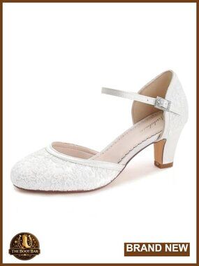 Bridal Lace Ankle Strap Heels Mid Heel Closed Toe Comfortable Pumps Wedding